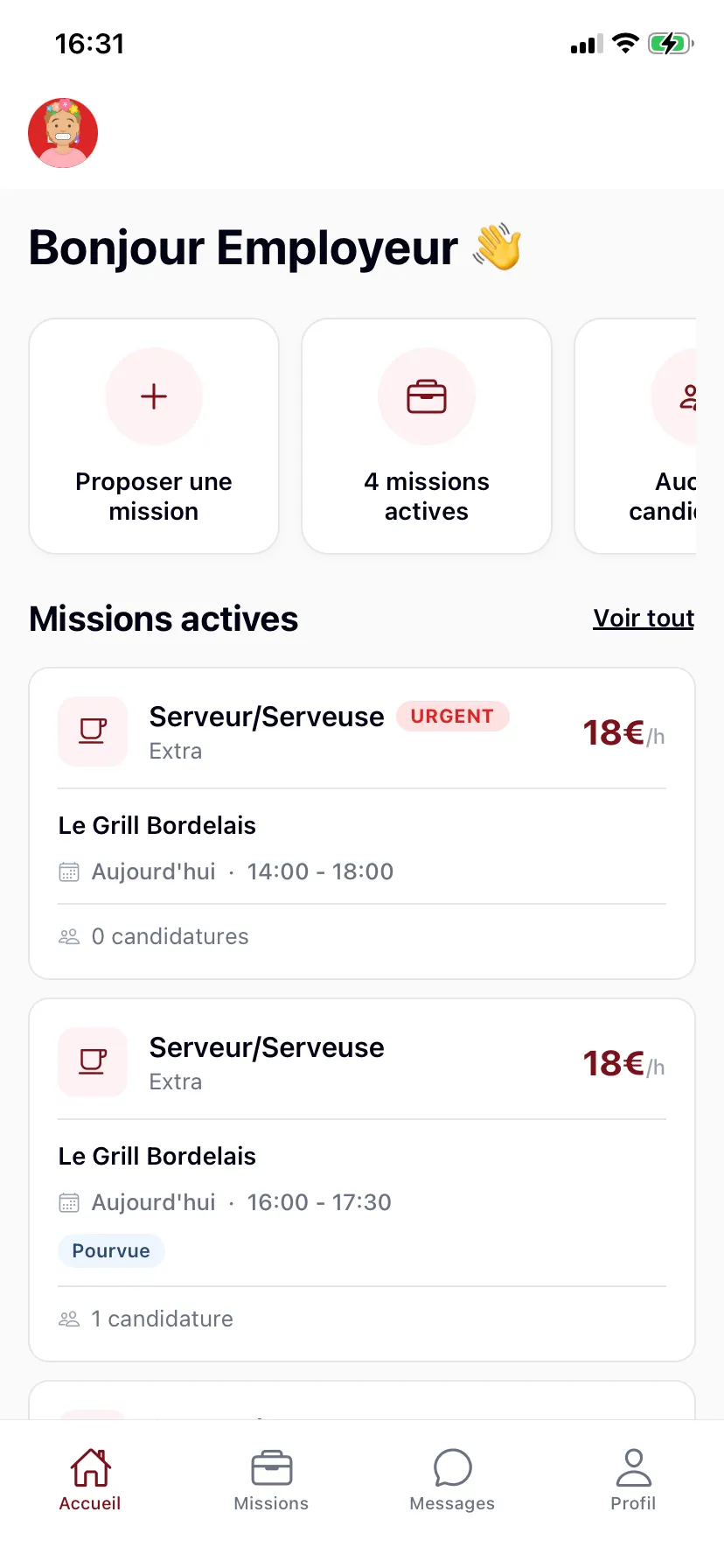 Tableau de bord employeur de l'application En Place : missions actives à Bordeaux